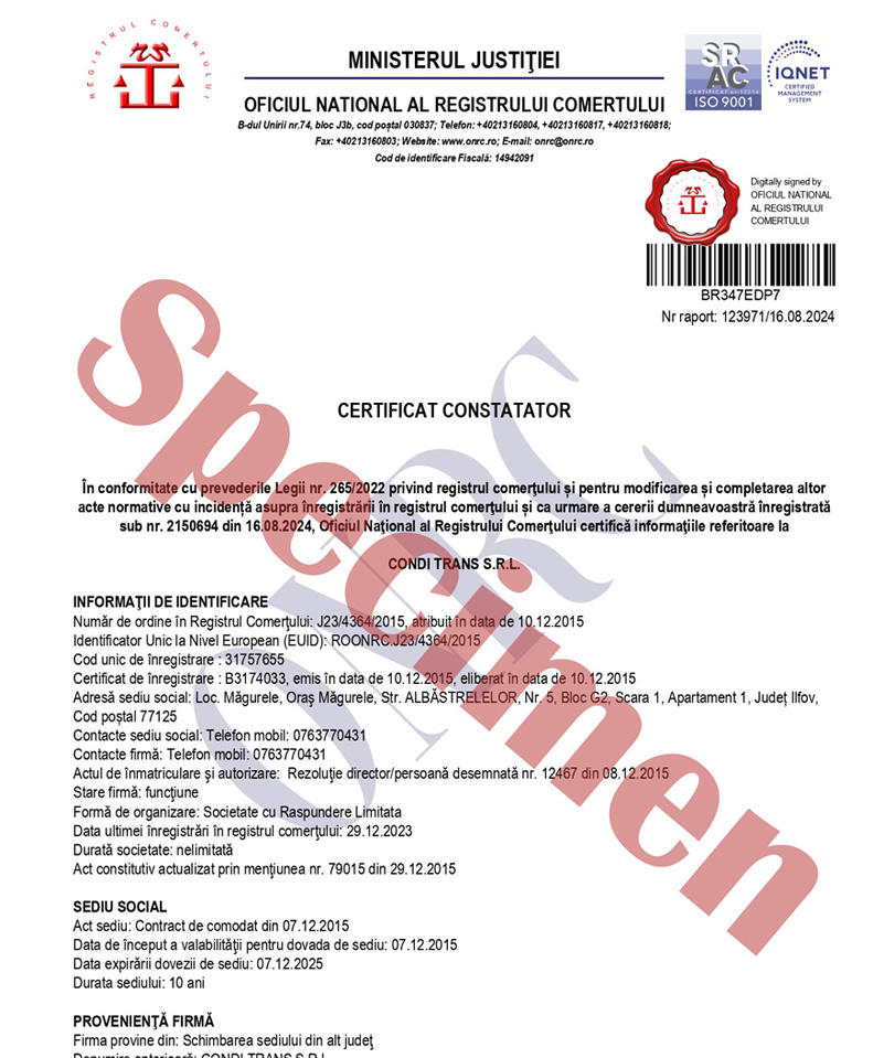 Model de certificat constatator ONRC, specimen